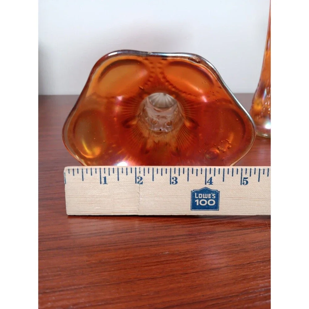 Pair Vtg Imperial Glass Beaded Bullseye Marigold Carnival Glass Vases EUC